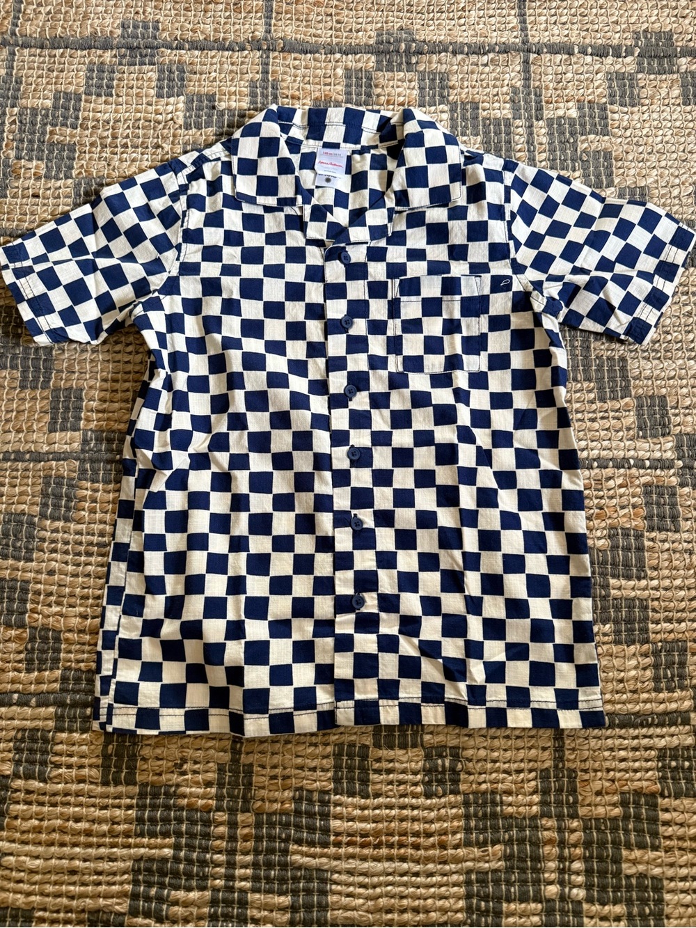Hanna Andersson navy and Cream Check Short-Sleeve button up Shirt boys size 10